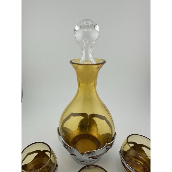 Vintage Farber Brothers Amber Glass Chrome Art Deco Decanter and 6 Glasses - Picture 3 of 9